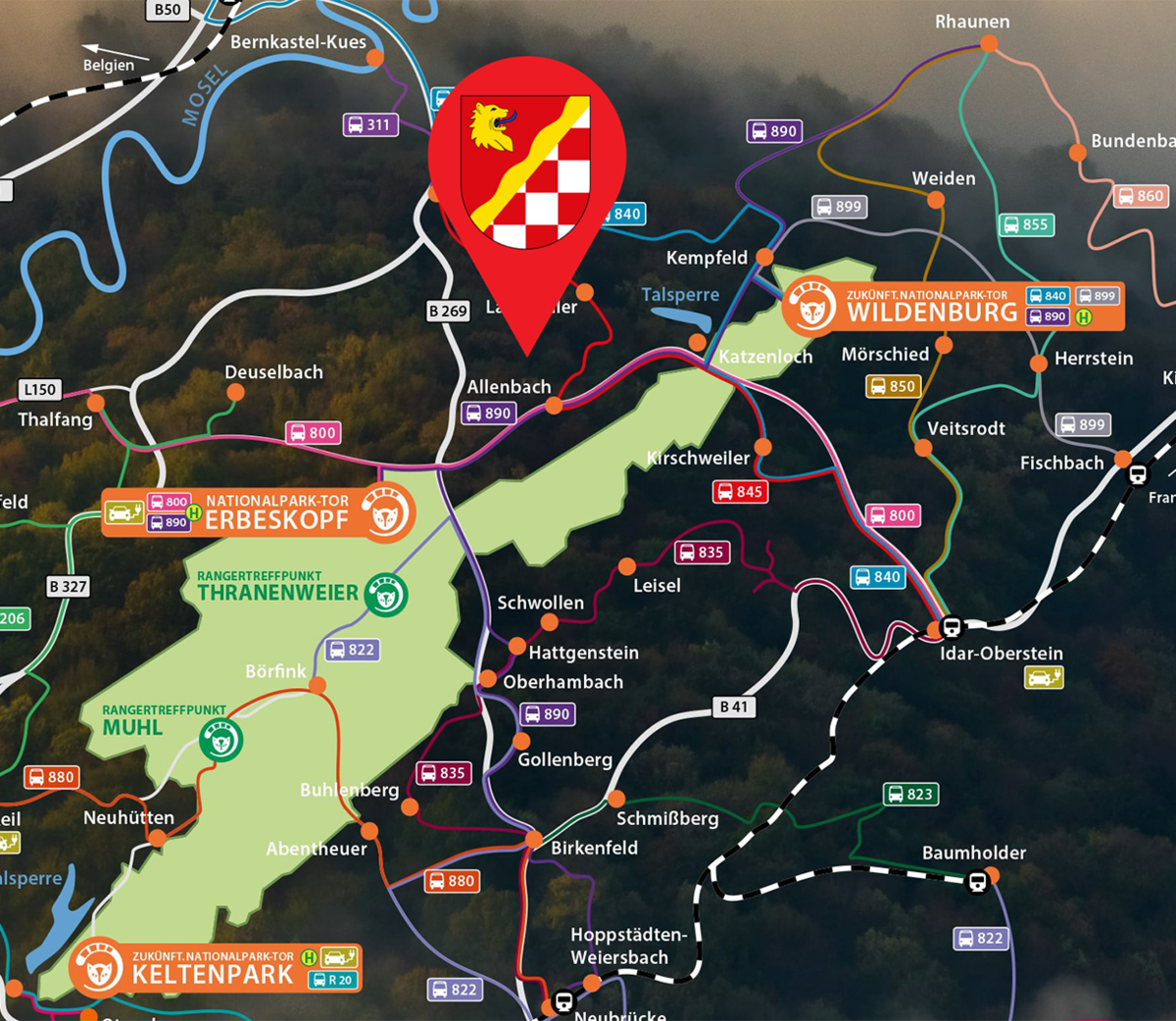 Übersichtskarte des Nationalparks Hunsrück-Hochwald Übersichtskarte des Nationalparks Hunsrück-Hochwald mit Wirschweiler